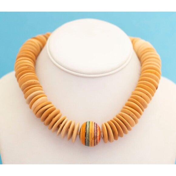 Vintage Boho Wooden Short Beaded Necklace 16 Inches - S7 - Picture 2 of 3